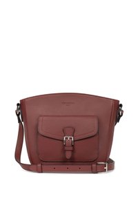 Borsa a tracolla in pelle borgogna con forma strutturata. Presenta un pattino frontale con una fibbia in metallo, una tracolla regolabile e un marchio impresso.