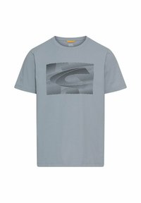 Lys blå bomulds t-shirt med korte ærmer, der har et sort geometrisk grafikdesign i midten. Ren og simpel snit.