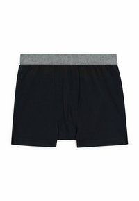 Black boxers with a gray elastic waistband, featuring a smooth texture and a front opening. Classic design, suitable for everyday wear.