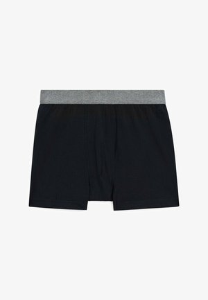 Schwarze Boxershorts mit einem grauen elastischen Bund, die eine glatte Textur und eine Öffnung vorne aufweisen. Klassisches Design, geeignet für den täglichen Gebrauch.