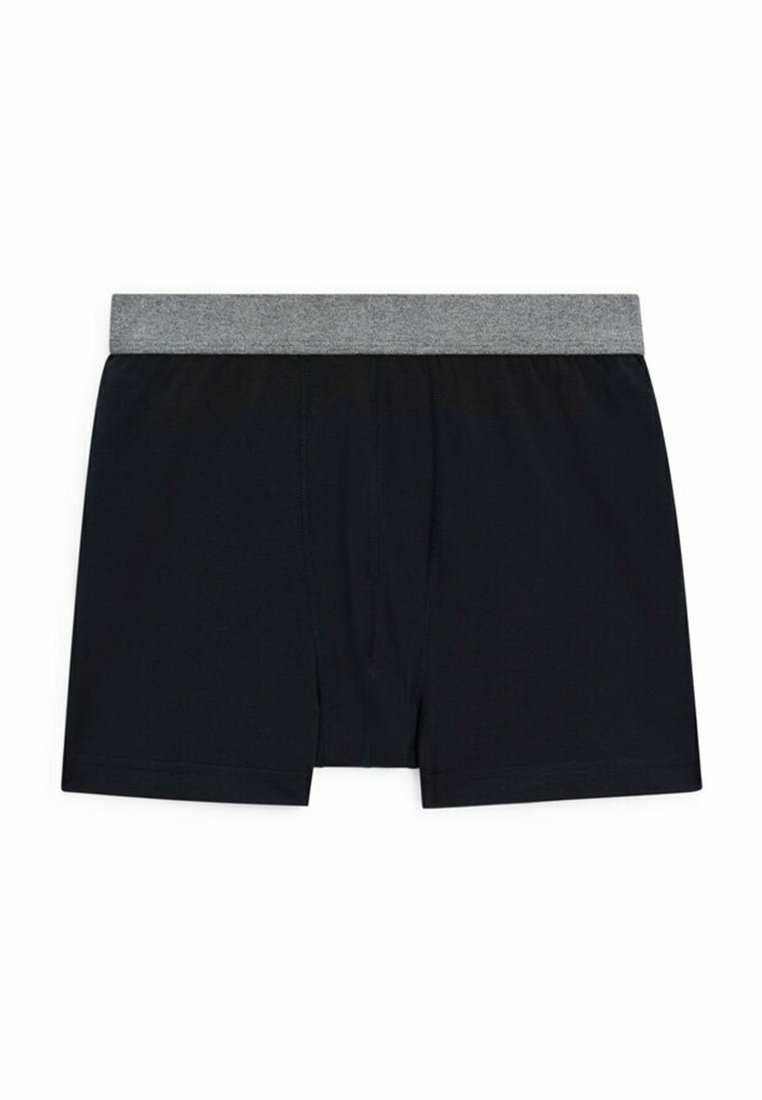Black boxers with a gray elastic waistband, featuring a smooth texture and a front opening. Classic design, suitable for everyday wear.