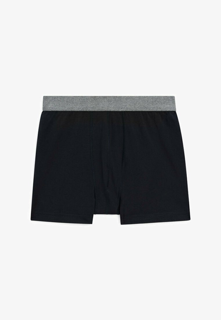 Black boxers with a gray elastic waistband, featuring a smooth texture and a front opening. Classic design, suitable for everyday wear.