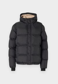 Black puffer jacket featuring a hood, zipper and snap button closure, ribbed cuffs, and a contrasting beige lining.