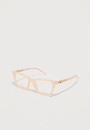 Gafas de sol Gucci con un marco de plástico texturizado en rosa suave, forma rectangular, lentes claros y acentos de hardware en color dorado.
