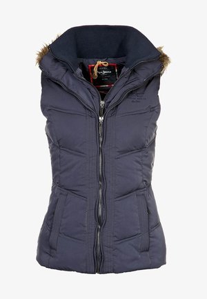 Veste sans manches matelassée bleu marine avec fermeture éclair à l'avant, col montant et bordure en fausse fourrure sur la capuche.