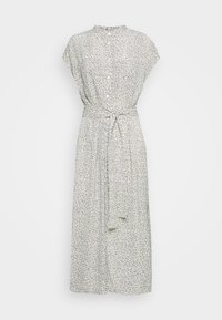 Kukkakuosisessa napitettavassa mekossa on lyhyet hihat, vyö vyötäröllä ja pitkä, hulmuava siluetti kevyessä, teksturoidussa kankaassa.