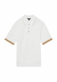Valkoinen polo-paita lyhythihaisilla, erottuvilla ruskeilla ribbireunoilla, kolmella napilla varustettu napitus ja pehmeä rakenne. Korostettuna kauluksen reunuksella.