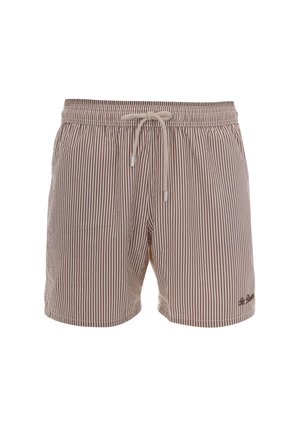 Short de bain homme beige et marron à rayures verticales avec taille élastique et cordon beige.