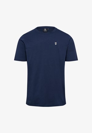 Marineblaue Baumwoll-T-Shirt mit kurzen Ärmeln und rundem Halsausschnitt. Besitzt ein kleines weißes Logo mit drei Chevronstreifen auf der Brust.