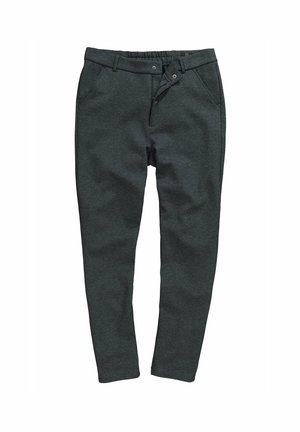 Pantalones gris oscuro hechos de material suave; corte ajustado, cinturilla elástica con cordón y dos bolsillos laterales. Textura lisa, sin patrones.
