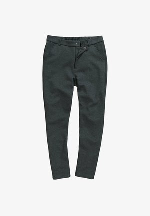 Dunkelgraue Hose aus weichem Material; schmaler Schnitt, elastischer Bund mit Kordelzug und zwei Seitentaschen. Glatte Textur, keine Muster.