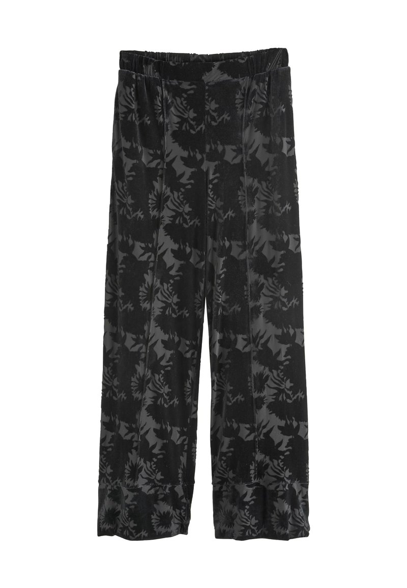 Pantaloni negri cu un model floral în nuanțe variate de negru și gri, având un talie elastică și un design cu picior larg. Textură moale.