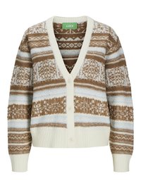 Gilet marron et crème à motif, avec un col en V, des boutons sur le devant et des poignets côtelés. Présente des motifs géométriques et floraux dans différentes nuances.