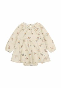 Rochie crem cu mânecă lungă, cu modele florale în nuanțe de albastru, portocaliu și galben. Prezintă un decolteu plisat și un stil peplum. Include body integrat.