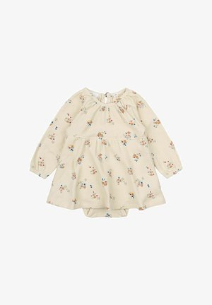 Dlhé rukávy smotanových šiat s kvetinovými vzormi v modrej, oranžovej a žltej farbe. Má nabrúsený výstrih a peplum štýl. Obsahuje zabudovaný body.