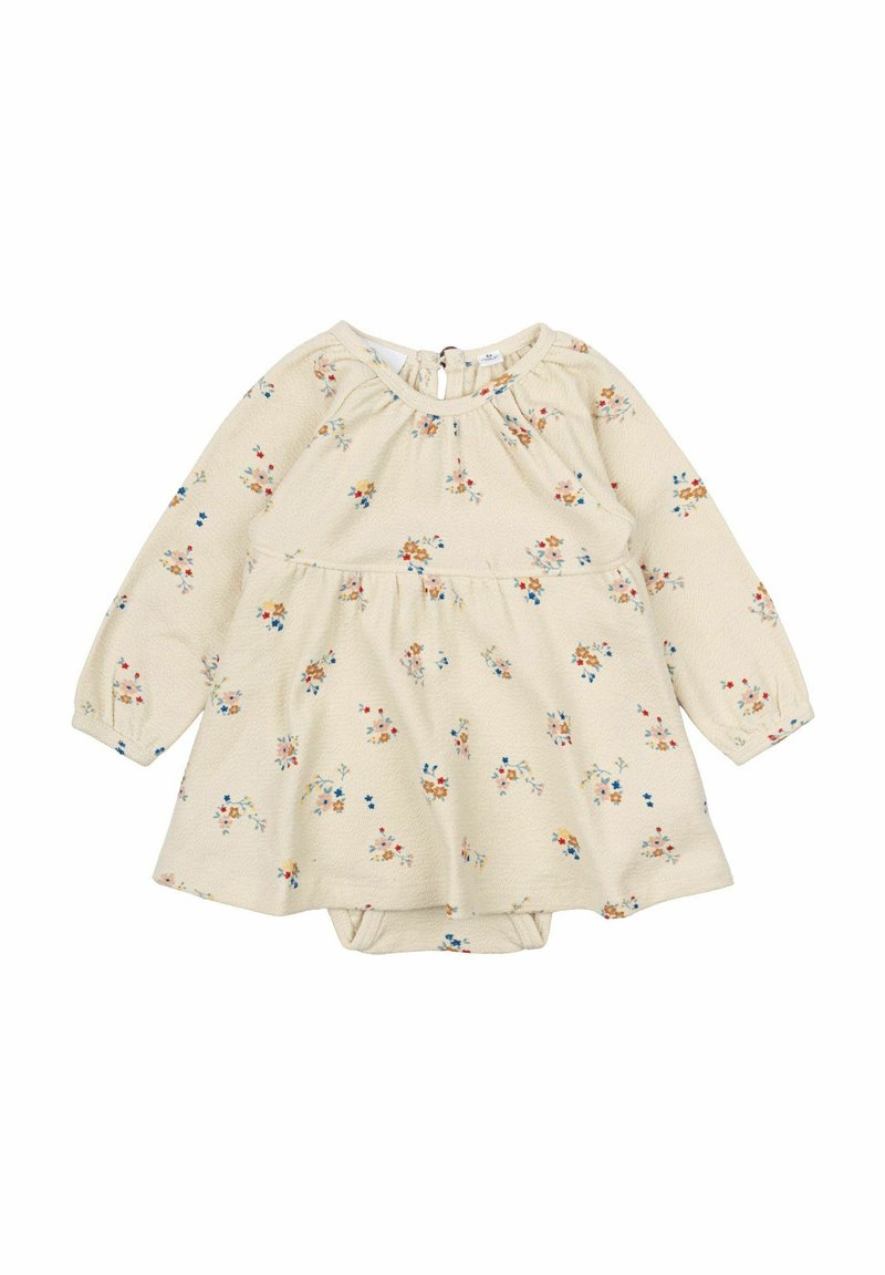 Rochie crem cu mânecă lungă, cu modele florale în nuanțe de albastru, portocaliu și galben. Prezintă un decolteu plisat și un stil peplum. Include body integrat.