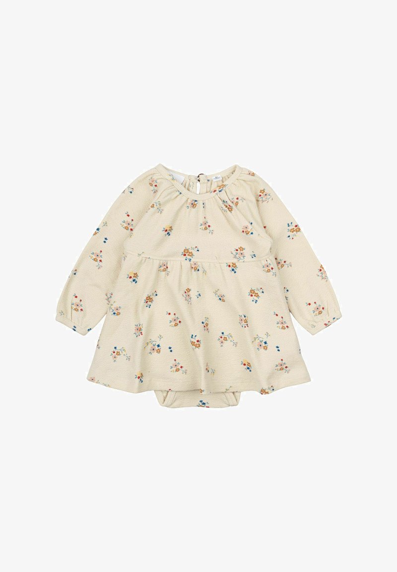 Rochie crem cu mânecă lungă, cu modele florale în nuanțe de albastru, portocaliu și galben. Prezintă un decolteu plisat și un stil peplum. Include body integrat.