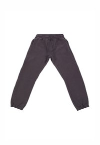 Gray jogger pants made of soft fabric, featuring an elastic waistband, adjustable drawstring, and ribbed cuffs at the ankles.