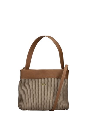 Beige textured bag with vertical pleats, brown leather trim, adjustable strap, and a small gold emblem on the front.