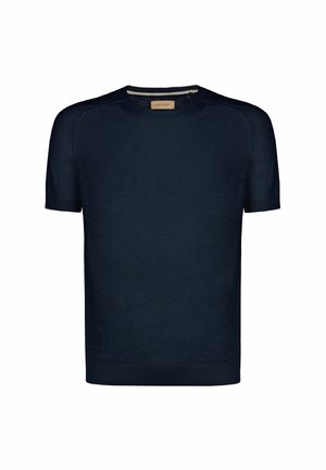 Mørkeblå kortærmet sweater med ribbet halsudskæring og manchetter. Lavet af blødt stof med en subtil tekstur og uden logoer eller mønstre.