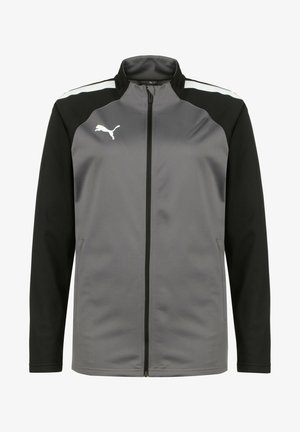 Veste grise et noire avec une fermeture éclair à l'avant, accents blancs et un logo. Dotée d'un col haut et de poches latérales. Fabriquée dans un tissu lisse.