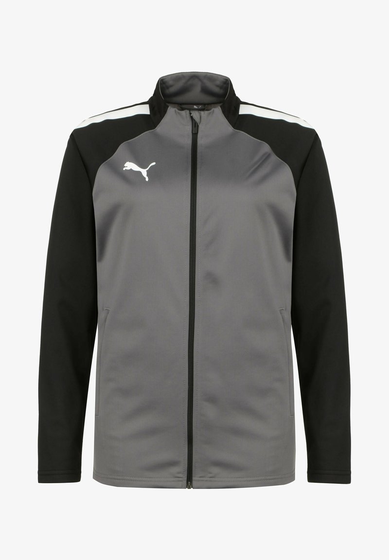 Veste grise et noire avec une fermeture éclair à l'avant, accents blancs et un logo. Dotée d'un col haut et de poches latérales. Fabriquée dans un tissu lisse.
