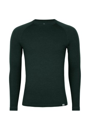 Maglietta a maniche lunghe verde scuro in tessuto strutturato, con scollo rotondo e maniche raglan. Presenta un piccolo logo sull'orlo.