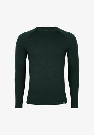 Maglietta a maniche lunghe verde scuro in tessuto strutturato, con scollo rotondo e maniche raglan. Presenta un piccolo logo sull'orlo.