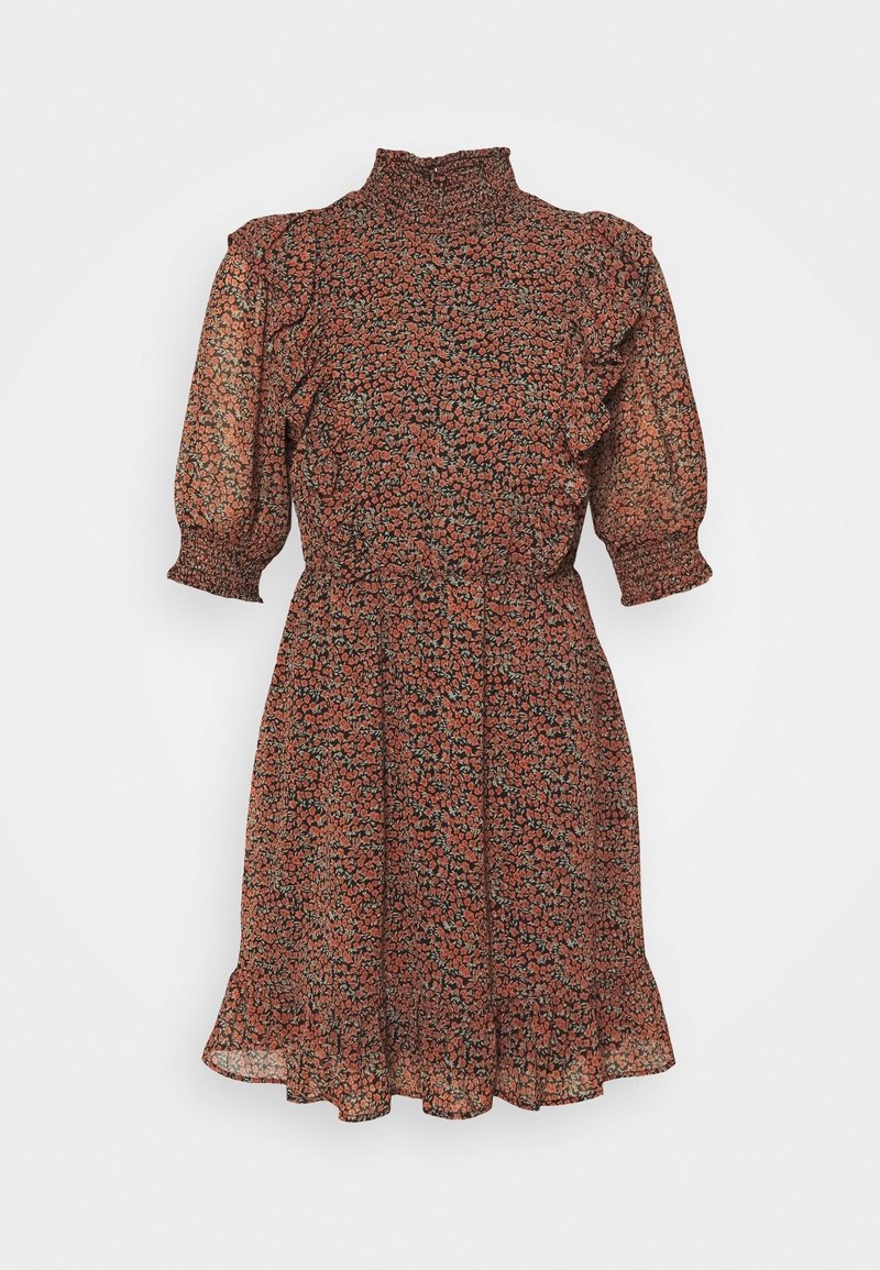 Robe fleurie avec un col montant, des manches courtes bouffantes et un ourlet volanté. Présente un fond sombre avec des motifs floraux rouges, roses et verts.