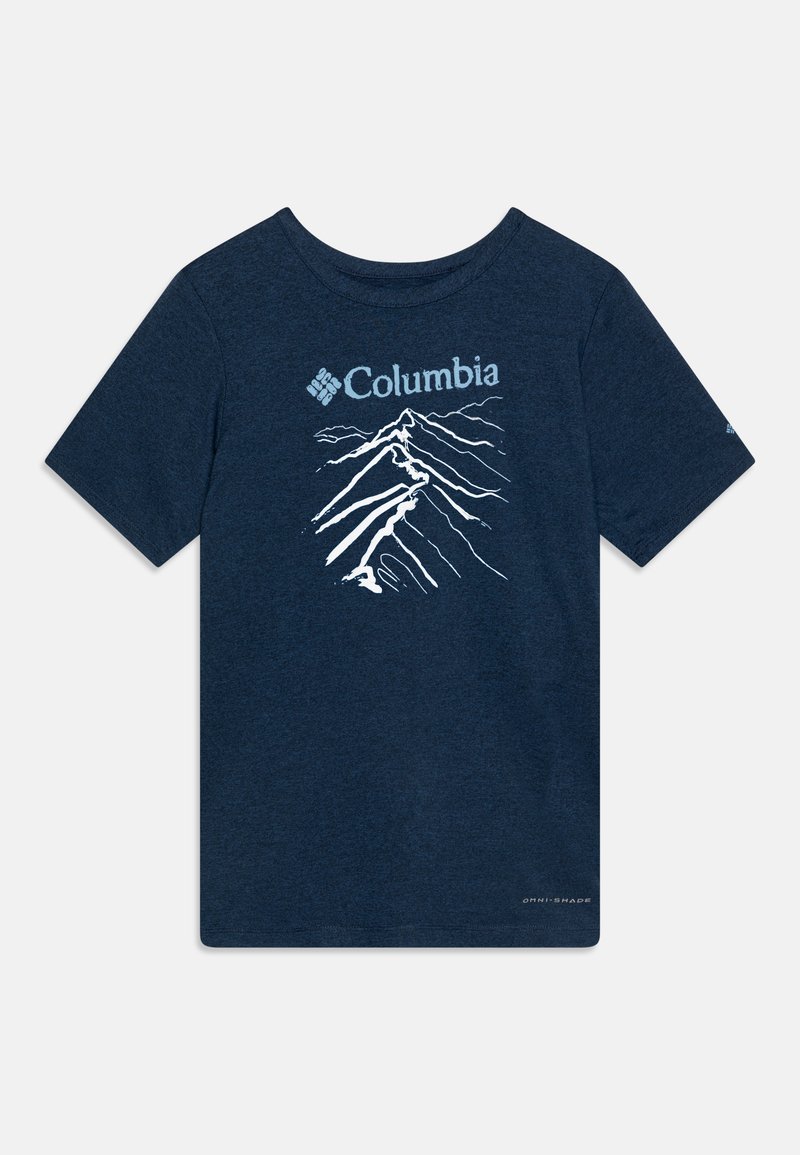 T-shirt de manga curta azul marinho com gráfico de montanha e logotipo "Columbia" em branco. Tecido em mistura de algodão, design de gola redonda, textura suave.