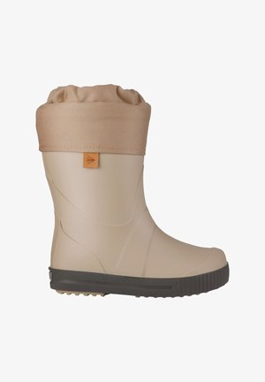 Beige waterproof boot with a textured upper and gathered top, featuring a tan leather accent and a dark rubber sole with small treads.