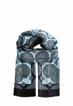 Light blue scarf with black circular patterns and accents. Made of soft material, featuring fringed edges and a fluid drape.