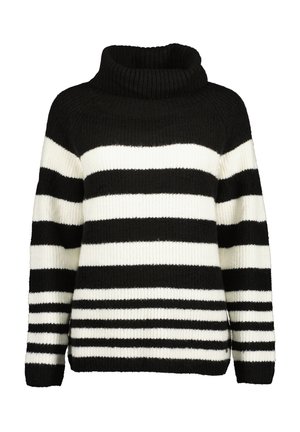Schwarz-weiß horizontal gestreifter Rollkragenpullover mit langen Ärmeln und einer gerippten Strickstruktur.