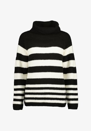 Schwarz-weiß horizontal gestreifter Rollkragenpullover mit langen Ärmeln und einer gerippten Strickstruktur.