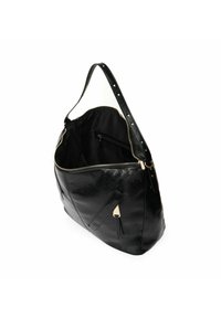 Sac à main en cuir noir avec une finition texturée, fermeture éclair supérieure et une seule bandoulière. Comprend une poche zippée à l'avant et un intérieur spacieux.