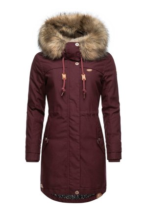 Burgundy parka with faux fur hood, drawstring closure, two front pockets, and button accents. Features a patterned inner lining.
