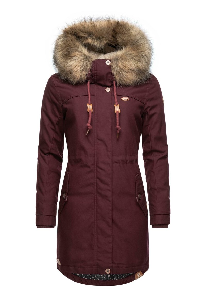 Burgundy parka with faux fur hood, drawstring closure, two front pockets, and button accents. Features a patterned inner lining.