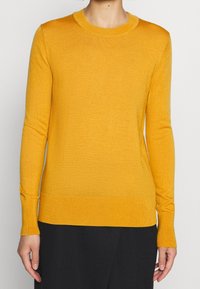 Maglione giallo a maniche lunghe in maglia con collo a girocollo, polsini e vita a coste. Texture liscia, silhouette aderente e design semplice.