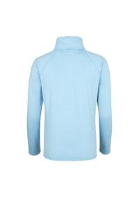 Pull bleu clair à manches longues avec col montant, vu de dos sur fond blanc.