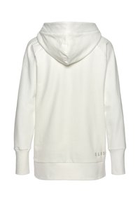 White hooded sweatshirt with a textured surface, raglan sleeves, and ribbed cuffs. Features a subtle logo in gray on the lower left side.