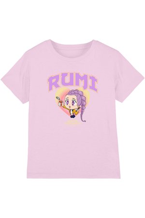 Light purple T-shirt with cartoon girl holding a spoon and cup, purple braided hair, and word "RUMI" above in large block letters.