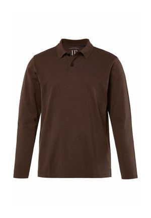 Polo shirt marrone a maniche lunghe con colletto, placket a tre bottoni e polsini a coste. Realizzato in tessuto morbido e strutturato. Design semplice.