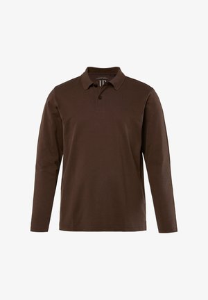 Bruine poloshirt met lange mouwen en kraag, met een knoopsluiting met drie knopen en geribde manchetten. Gemaakt van zachte, gestructureerde stof. Eenvoudig ontwerp.