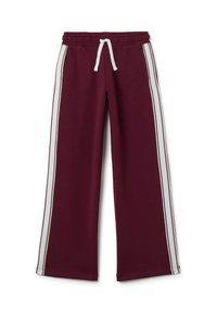 Pantalons de survêtement bordeaux avec une coupe ample, rayures blanches sur les côtés, taille élastique et cordon de serrage pour un ajustement. Texture de tissu douce et décontractée.