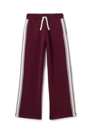 Pantalons de survêtement bordeaux avec une coupe ample, rayures blanches sur les côtés, taille élastique et cordon de serrage pour un ajustement. Texture de tissu douce et décontractée.