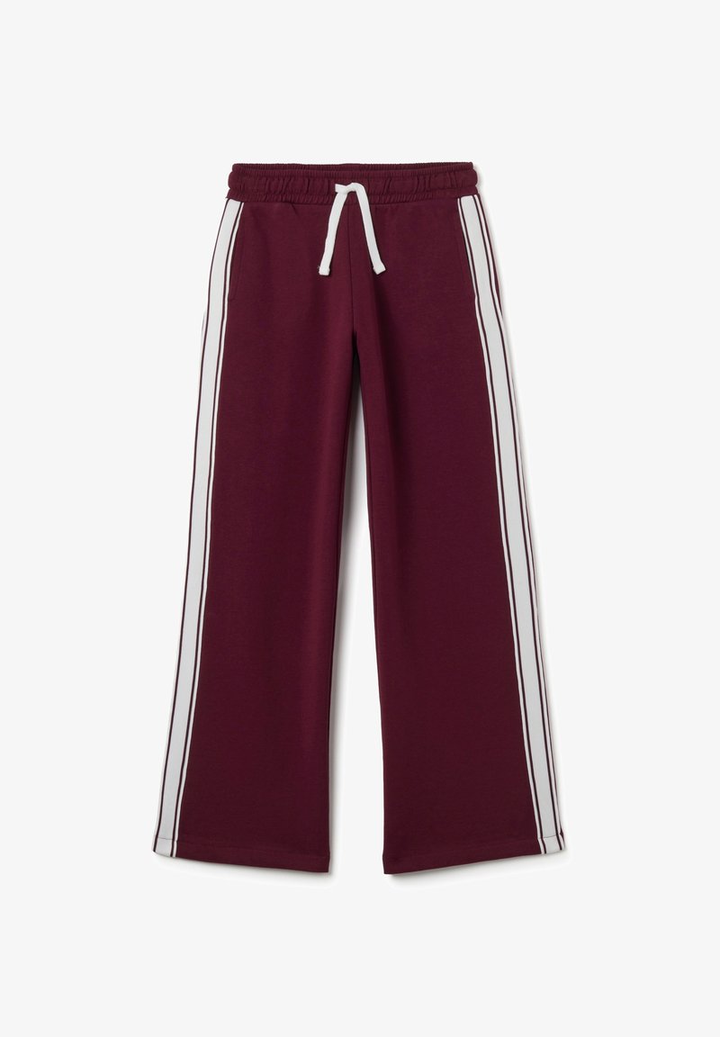 Bordeauxfarbene Jogginghosen mit weitem Schnitt, weißen Seitenstreifen, elastischem Bund und Kordelzug zur Anpassung. Weicher, lässiger Stoff.