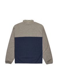 Fleeceová mikina s vysokým límcem. Horní polovina je světle šedá, dolní polovina v námořnické modři. Dlouhé rukávy s elastickými manžetami, měkká textura.