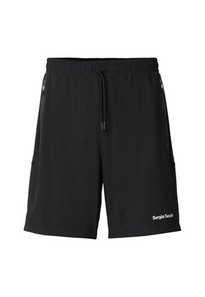 Pantalones cortos deportivos negros con cintura elástica, cordón ajustable, bolsillos laterales con cremallera y pequeño logo blanco "Sergio Tacchini" en el dobladillo izquierdo.