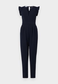 Marinblå jumpsuit med volangärmar, djupt V-ringad hals och spetsdetaljer. Skräddarsydd passform med veckad front, avsmalnande ben och slät textur.