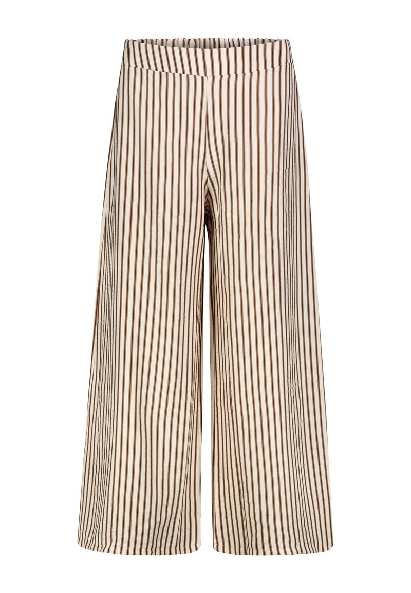 weit geschnittene Hosen aus weichem Stoff, mit vertikalen braunen und cremefarbenen Streifen, ausgestattet mit einem elastischen Bund für Komfort.